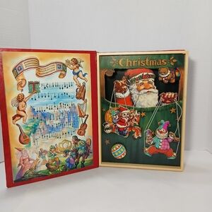 Vintage Merry Christmas Red Animated Musical Book Box Santa Reindeer Marionette